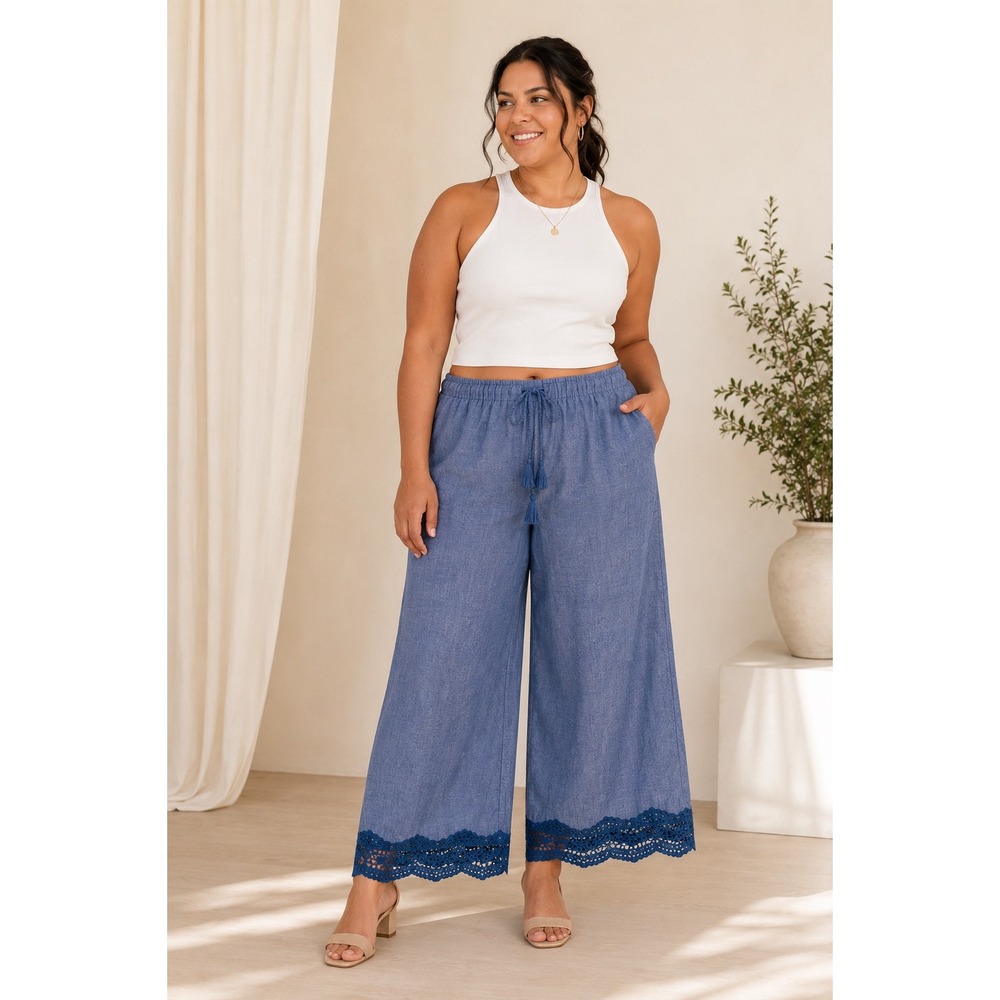 Parker Pants The Daniella Lace-Trim Cropped Wide Leg Blue XXL Boho Coastal